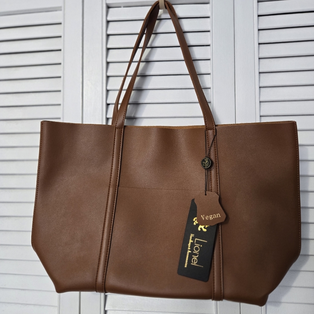 Lionel Vegan Leather Tote Bag - Brown/Cognac